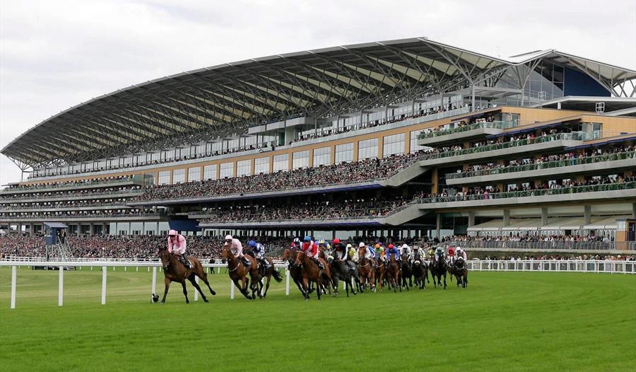 Horse racing event at a grand stadium with cheering spectators and a modern architectural design.